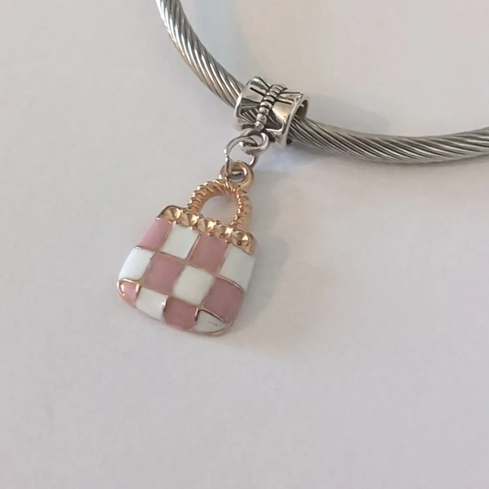 Gold with Pink and White Checkered Purse Dangle Charm for Pandora Style Bracelet